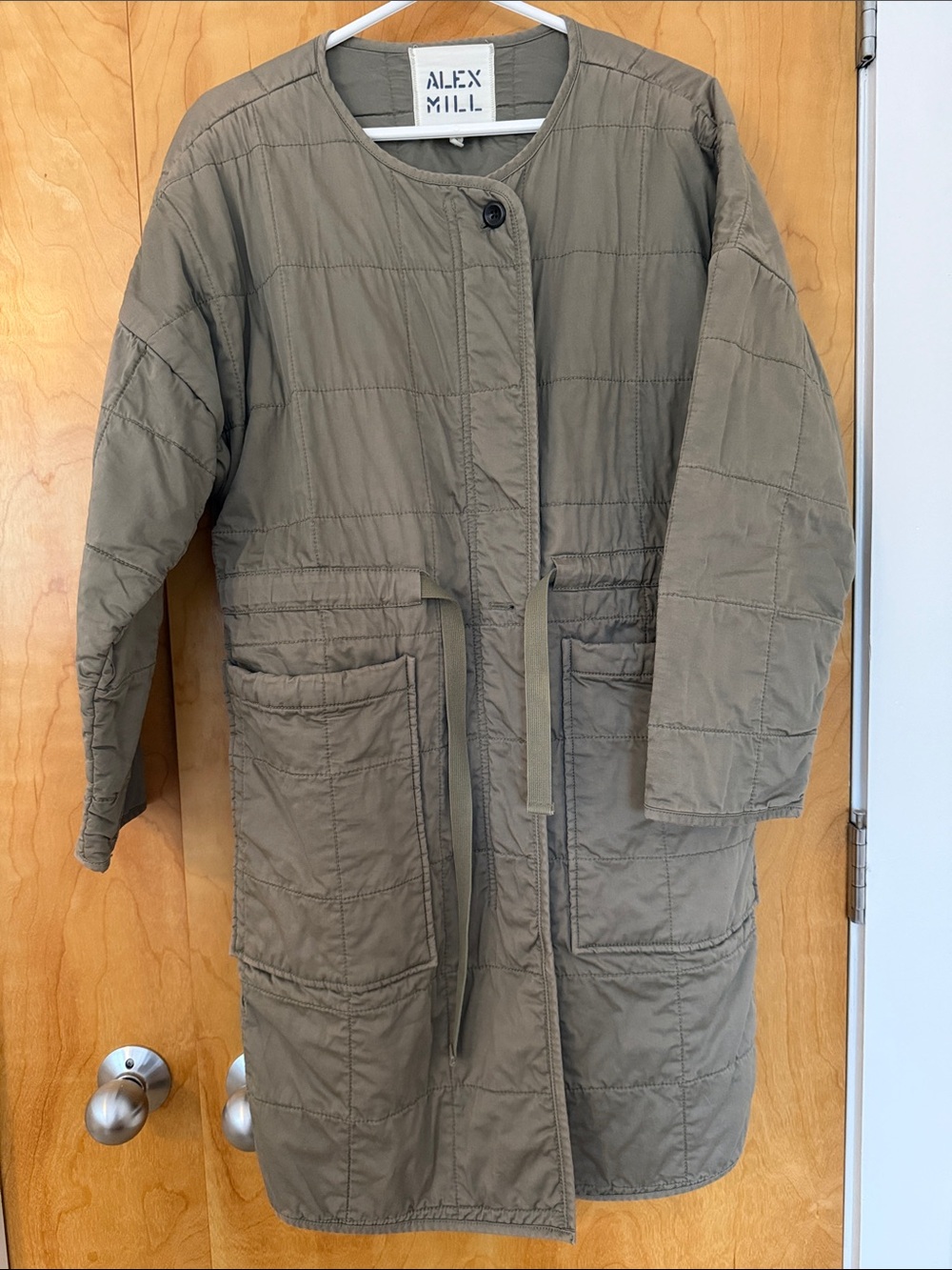 Alex Mill Quilted Belted Coat in Olive